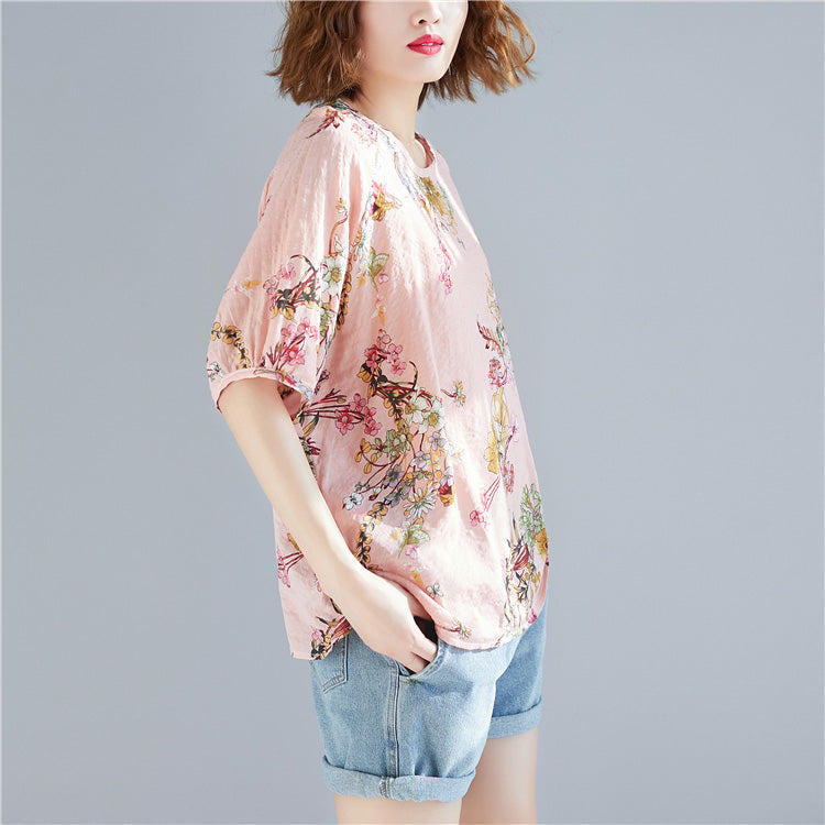 Pink Linen Top Silhouette Outfits O Neck Cinched Tops