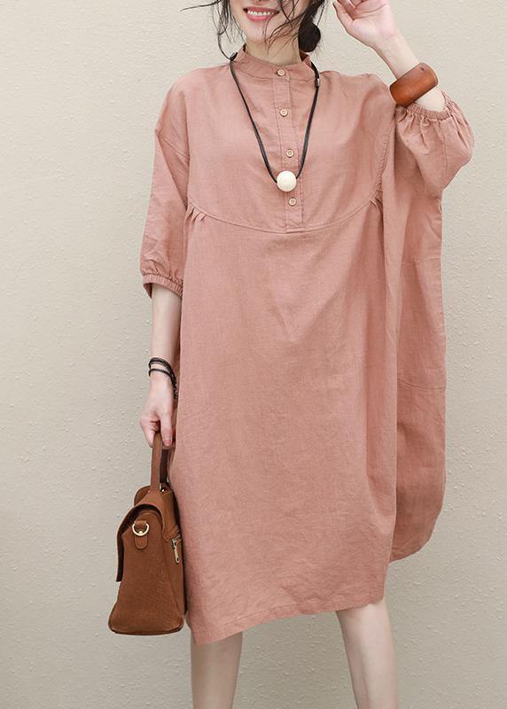 Pink Linen Robes Stand Collar Batwing Sleeve Loose Summer Dresses