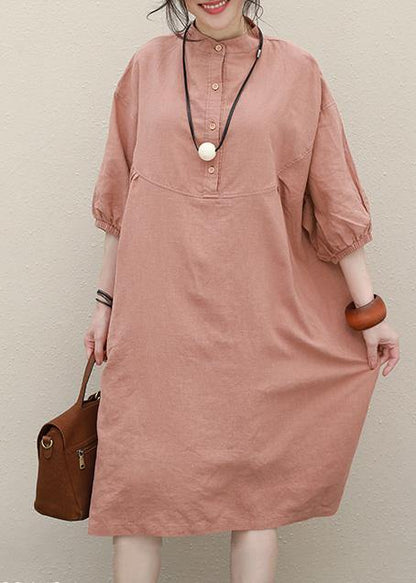 Pink Linen Robes Stand Collar Batwing Sleeve Loose Summer Dresses