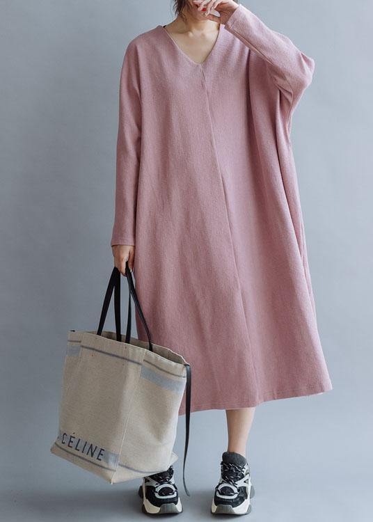 Pink Linen Cotton Outfit V Neck Traveling Fall Dresses