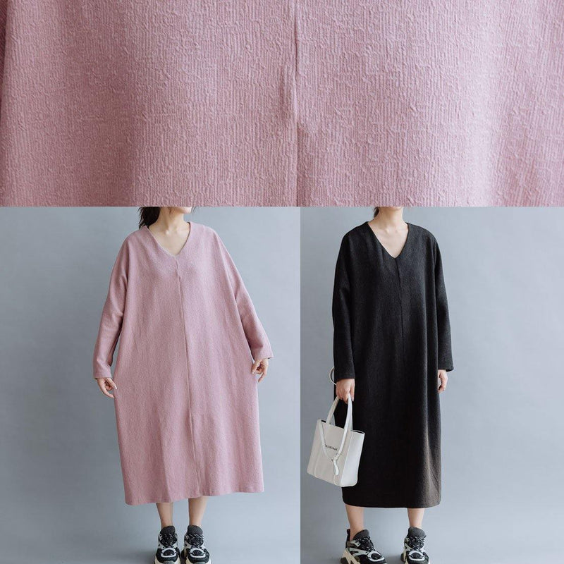 Pink Linen Cotton Outfit V Neck Traveling Fall Dresses