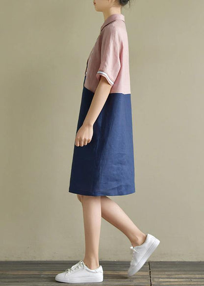Pink Patchwork Blue Linen Robes Lapel Shift Summer Dress
