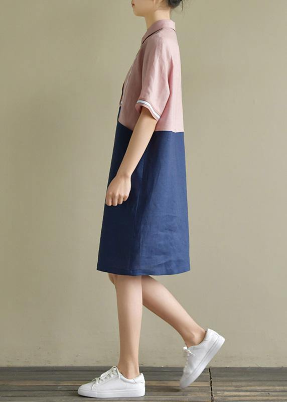 Pink Patchwork Blue Linen Robes Lapel Shift Summer Dress