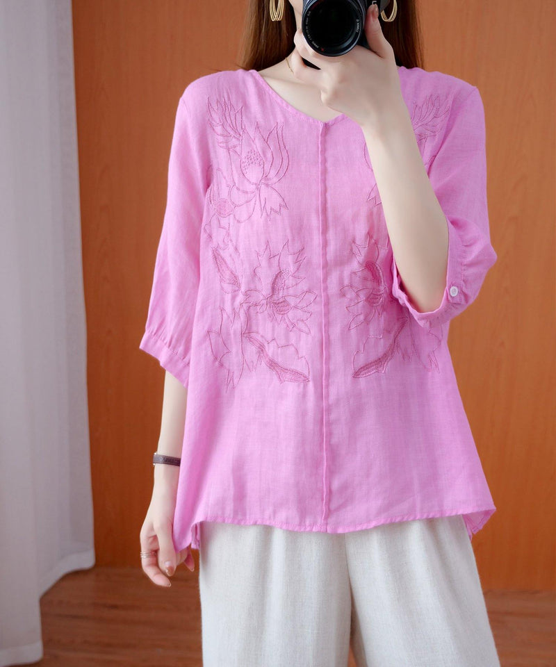 Pink Shirts V Neck Embroidery Oversized Summer Shirts
