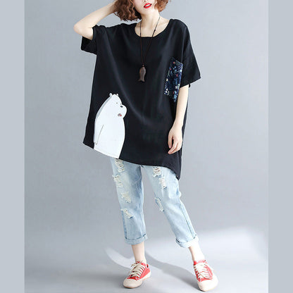 Pockets Batwing Sleeve Cotton Shirts Work Outfits Black Silhouette Tops