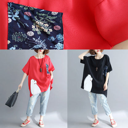 Pockets Batwing Sleeve Cotton Shirts Work Outfits Black Silhouette Tops