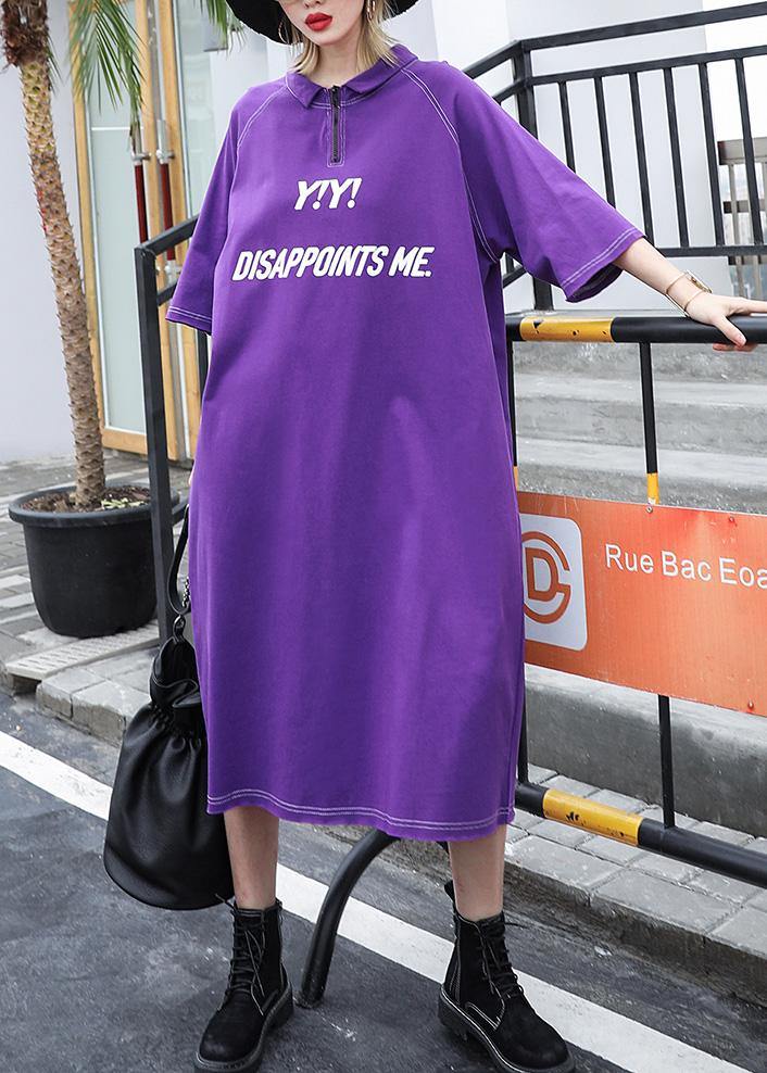 Purple Cotton Outfit Alphabet Prints Long Summer Dress