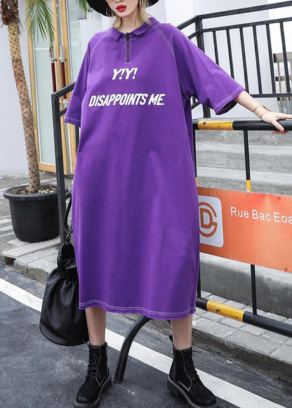Purple Cotton Outfit Alphabet Prints Long Summer Dress