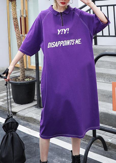 Purple Cotton Outfit Alphabet Prints Long Summer Dress