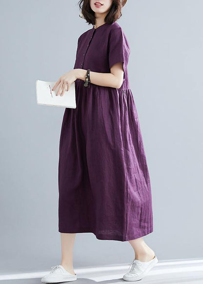 Purple Linen Cotton Clothes for Ideas O Neck Large Hem Maxi Summer Dresses