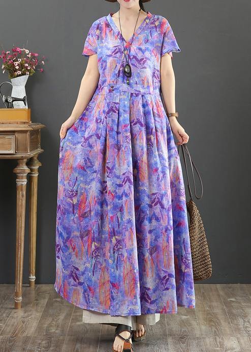 Purple Print Cotton Clothes V Neck Cinched Clothing Dress