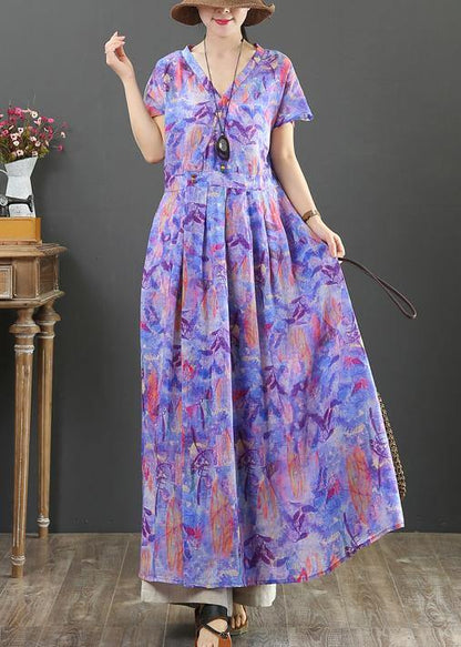 Purple Print Cotton Clothes V Neck Cinched Clothing Dress