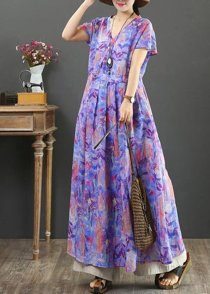 Purple Print Cotton Clothes V Neck Cinched Clothing Dress