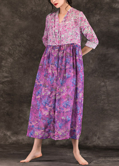 Purple Print Linen Dresses Fine V Neck Patchwork Loose Spring Dresses