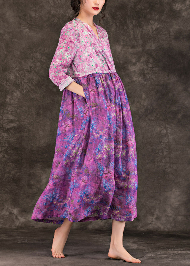 Purple Print Linen Dresses Fine V Neck Patchwork Loose Spring Dresses