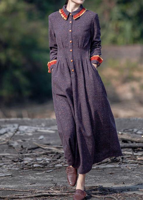 Purple Print Outfit Lapel Pockets a Line Spring Dresses