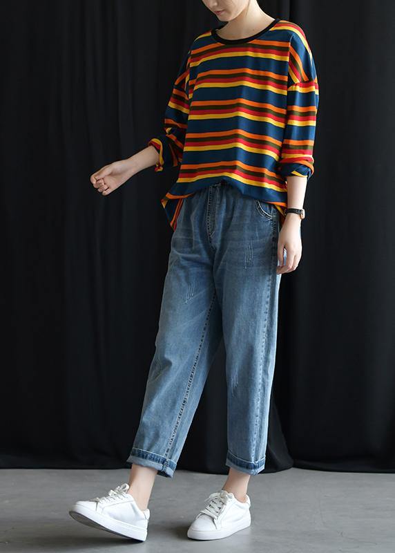 Rainbow Cotton Tunic Pattern O Neck Baggy Short Fall Shirt