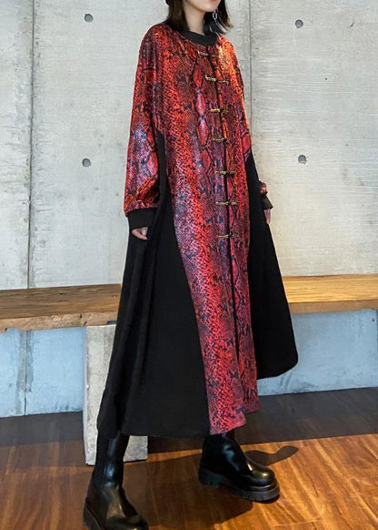 Red Long Dress O Neck Chinese Button Maxi Dresses