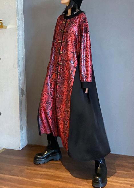 Red Long Dress O Neck Chinese Button Maxi Dresses
