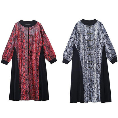 Red Long Dress O Neck Chinese Button Maxi Dresses