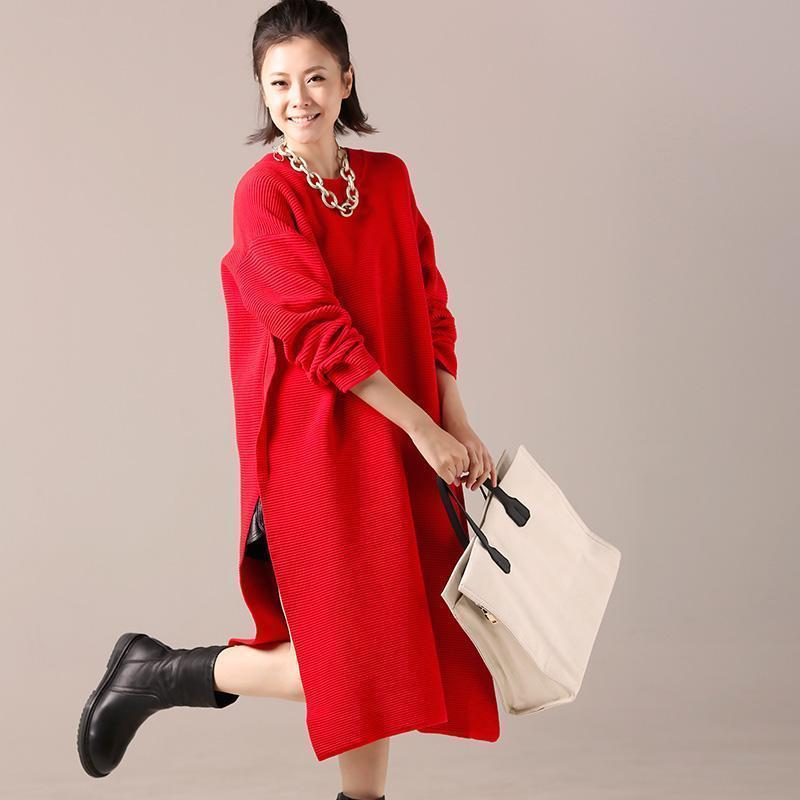 Red Sweater Dresses Tejidos Largo Side Open Knit Top