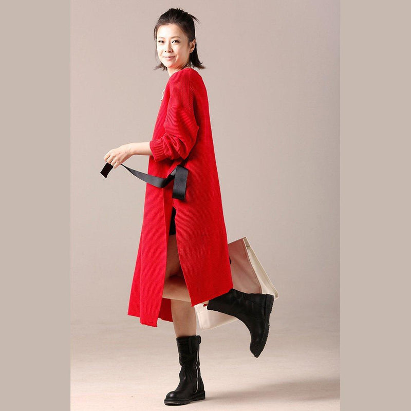 Red Sweater Dresses Tejidos Largo Side Open Knit Top