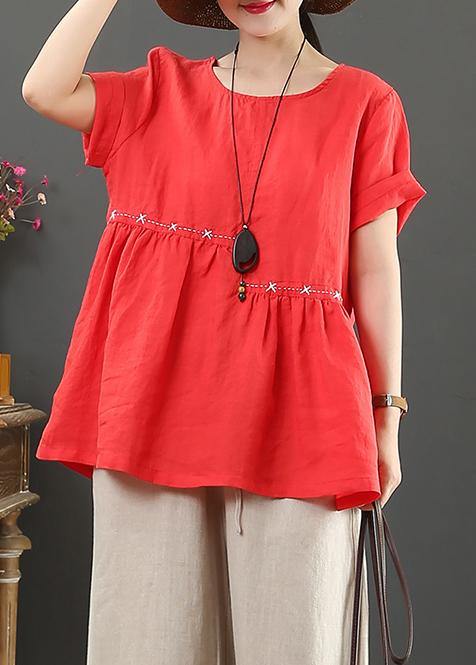 Red Cotton Linen Tops Cotton O Neck Cinched Tops