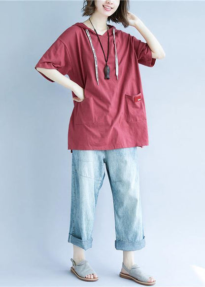 Red Cotton Tunic Top Hooded Pockets Dresses Summer Top
