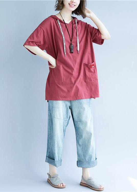 Red Cotton Tunic Top Hooded Pockets Dresses Summer Top