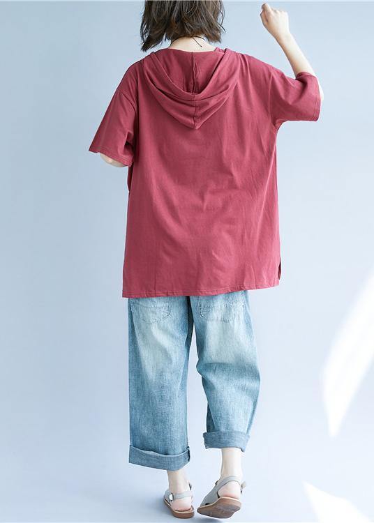Red Cotton Tunic Top Hooded Pockets Dresses Summer Top
