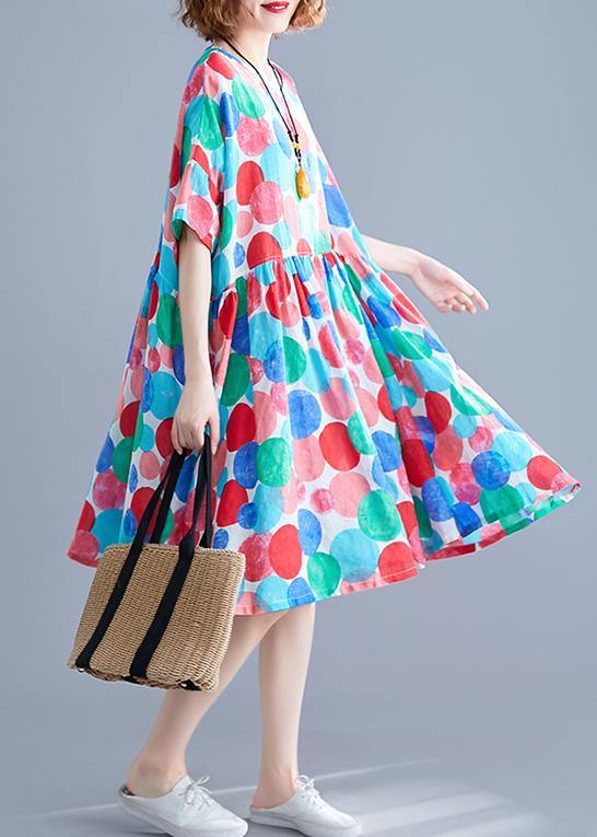 Red Dotted Cotton Quilting Clothes O Neck Cinched Knee Summer Dress