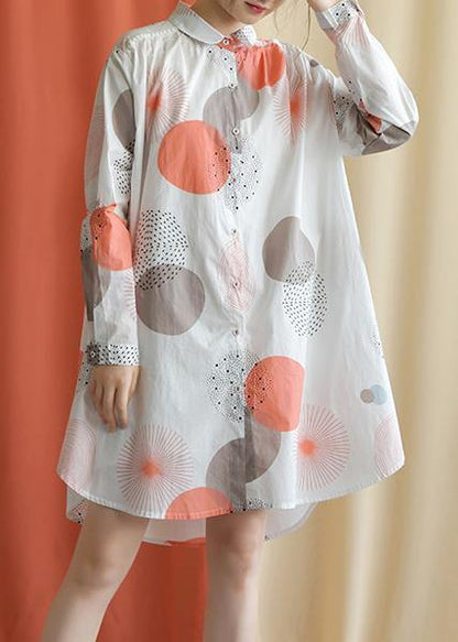 Red Dotted Cotton Tunic Pattern Lapel Asymmetric Baggy Fall Dresses