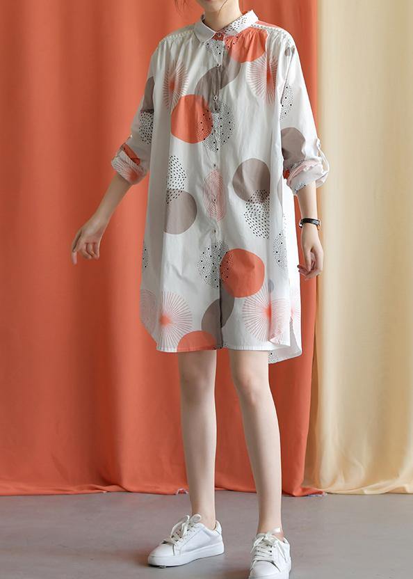 Red Dotted Cotton Tunic Pattern Lapel Asymmetric Baggy Fall Dresses