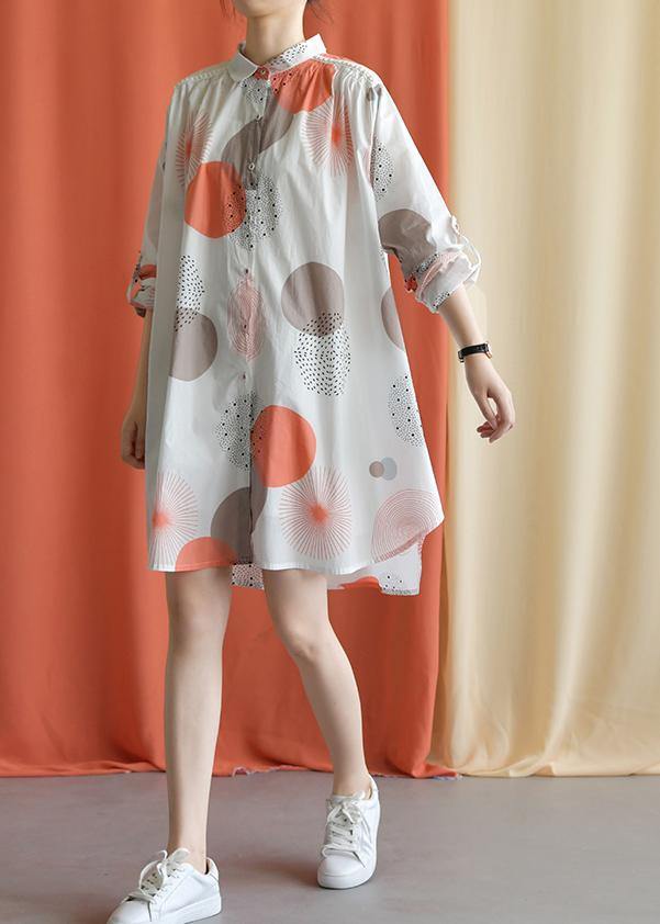 Red Dotted Cotton Tunic Pattern Lapel Asymmetric Baggy Fall Dresses