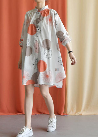 Red Dotted Cotton Tunic Pattern Lapel Asymmetric Baggy Fall Dresses