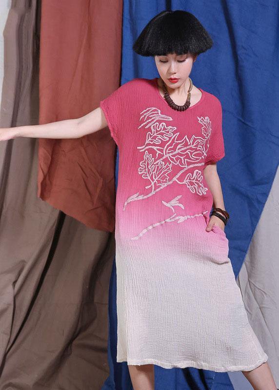 Red Embroidery Linen Quilting Clothes Gradient Color Traveling Dresses