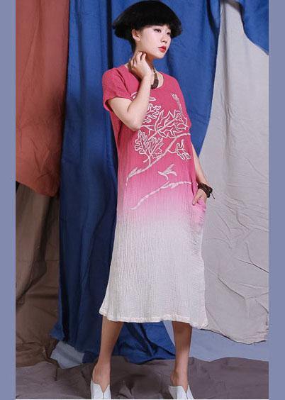 Red Embroidery Linen Quilting Clothes Gradient Color Traveling Dresses