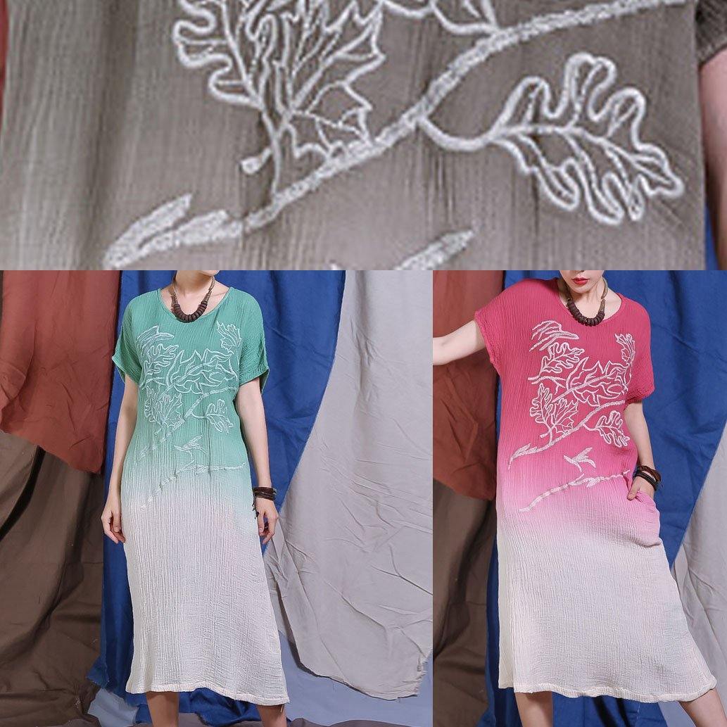 Red Embroidery Linen Quilting Clothes Gradient Color Traveling Dresses