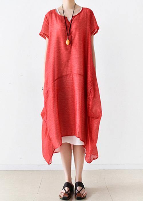 Red Linen Robes O Neck Patchwork Maxi Summer Dresses