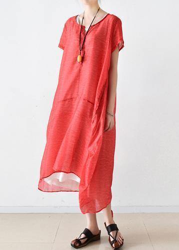 Red Linen Robes O Neck Patchwork Maxi Summer Dresses