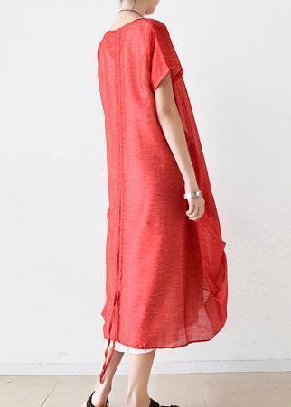 Red Linen Robes O Neck Patchwork Maxi Summer Dresses