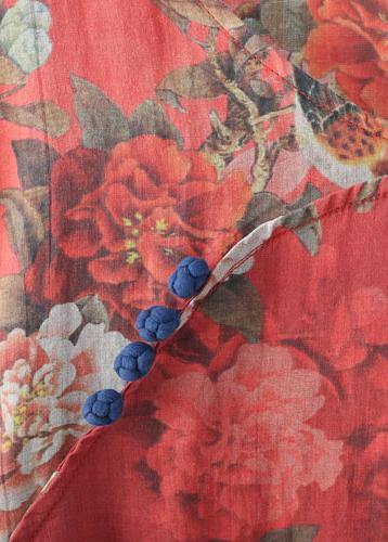 Red Linen Outfit Fine Runway Side Open Maxi Prints Dress