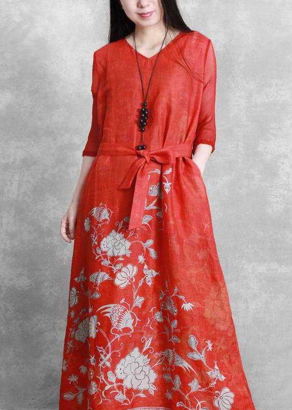 Red Print Robes V Neck Tie Waist Maxi Dresses