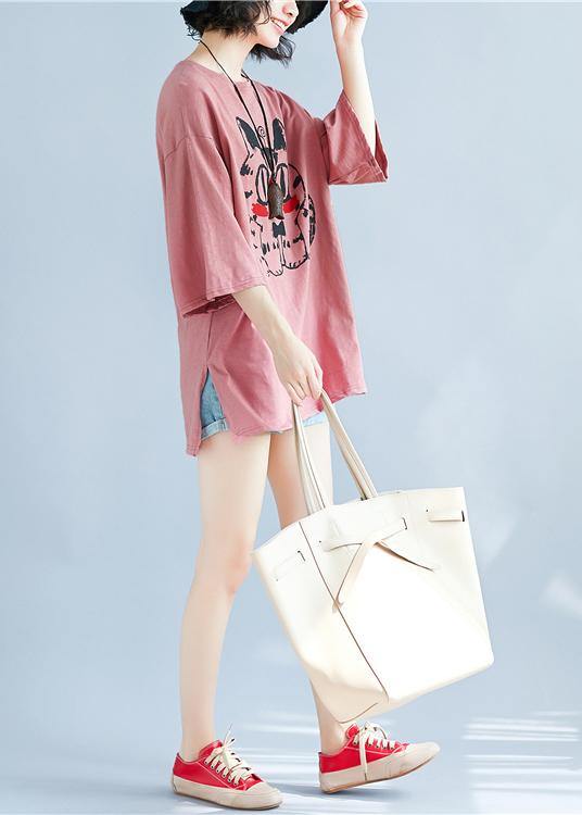 Red Print Cotton Blouses for O Neck Baggy Shirt