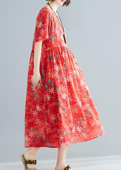 Red Print Cotton Clothes O Neck Patchwork Cinched Traveling Summer Dress
