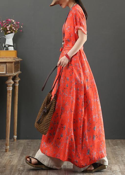 Red Print Cotton Quilting Clothes V Neck Tie Waist Kaftan Dress