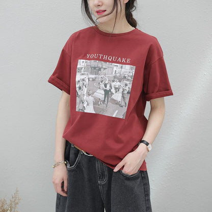 Red Print Cotton Top Silhouette O Neck Baggy Summer Shirt