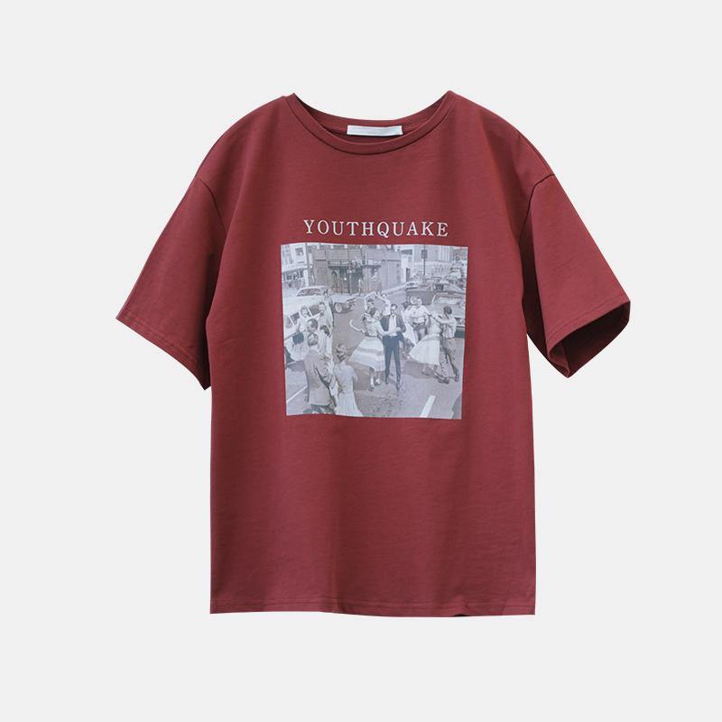 Red Print Cotton Top Silhouette O Neck Baggy Summer Shirt