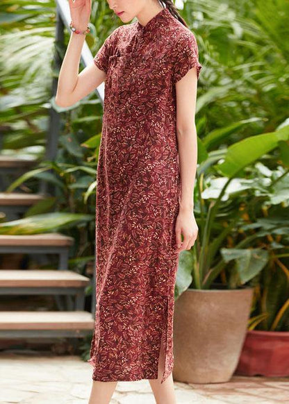 Red Print Linen Cotton Clothes Stand Collar Side Open Dresses Summer Dresses