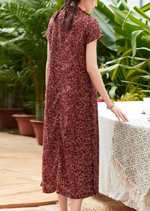 Red Print Linen Cotton Clothes Stand Collar Side Open Dresses Summer Dresses